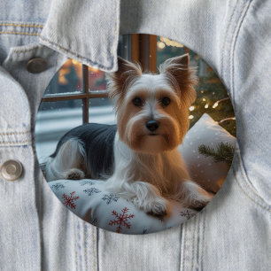 Chapa Redonda De 15 Cm Biewer Terrier con Luces de Navidad Fiesta