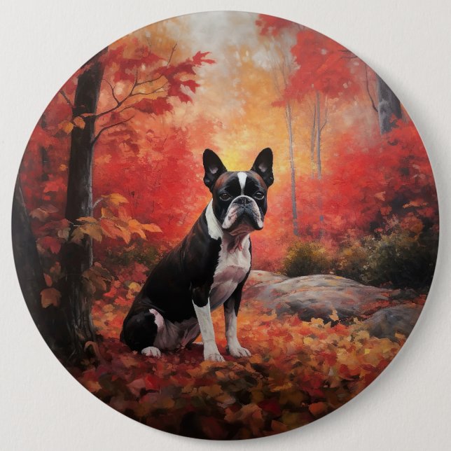 Chapa Redonda De 15 Cm Boston Terrier en otoño se inspira en la caída (Anverso)