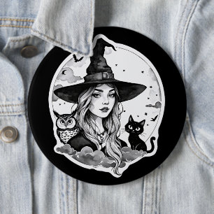 Chapa Redonda De 15 Cm Bruja con un gato y un búho - Halloween Fan Fun 1