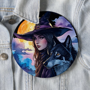 Chapa Redonda De 15 Cm Bruja con un Lobo - Diversión para Fans de Hallowe
