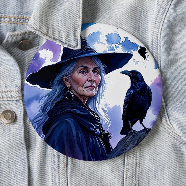 Chapa Redonda De 15 Cm Bruja con un Raven - Halloween Fan 1 (In situ)