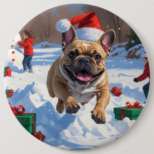 Chapa Redonda De 15 Cm Bulldog Francés corriendo en la nieve con sombrero