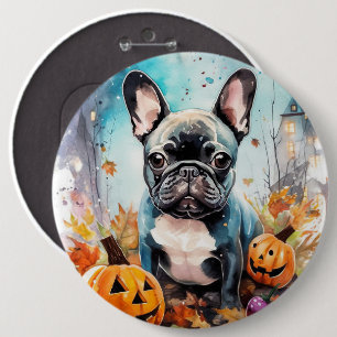 Chapa Redonda De 15 Cm Bulldog francés de Halloween con calabazas temeros