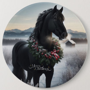 Chapa Redonda De 15 Cm Caballo negro en la nieve con corona de Navidades