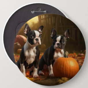 Chapa Redonda De 15 Cm Cachorro Boston Terrier Otoño Delicia Calabaza