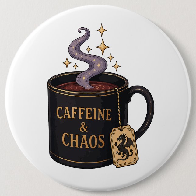 Chapa Redonda De 15 Cm Cafeína y Caos (Anverso)