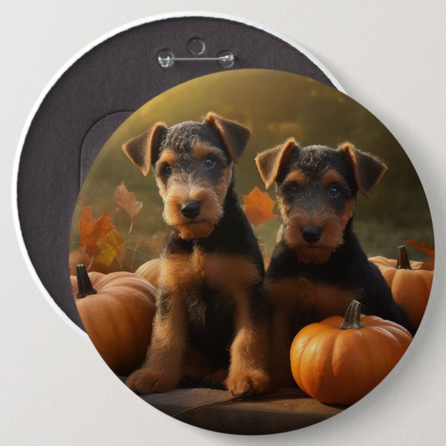 Chapa Redonda De 15 Cm Calabaza deslumbrante Airedale Puppy Autumn (Anverso y reverso)