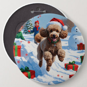 Chapa Redonda De 15 Cm Caniche corriendo en la nieve con sombrero de Navi
