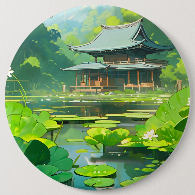 Chapa Redonda De 15 Cm Casa japonesa y lago con toallas de lirio verde (Anverso)