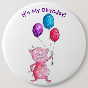 Chapa Redonda De 15 Cm Cerdo Rosa Caprichoso con Globos