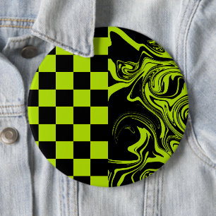 Chapa Redonda De 15 Cm Cheques y Swirls - Lime Green y Black