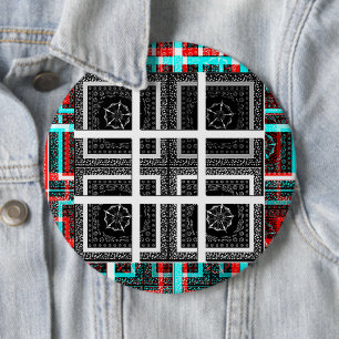Chapa Redonda De 15 Cm Chic Cuadros Negro, Blanco y Rojo Arte Gráfico Des