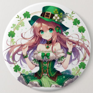 Chapa Redonda De 15 Cm Chica de anime del trébol del Día de San Patricio