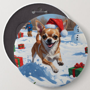 Chapa Redonda De 15 Cm Chihuahua corriendo en la nieve con sombrero de Na
