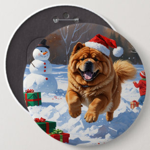 Chapa Redonda De 15 Cm Chow Chow corriendo en la nieve con sombrero de Na