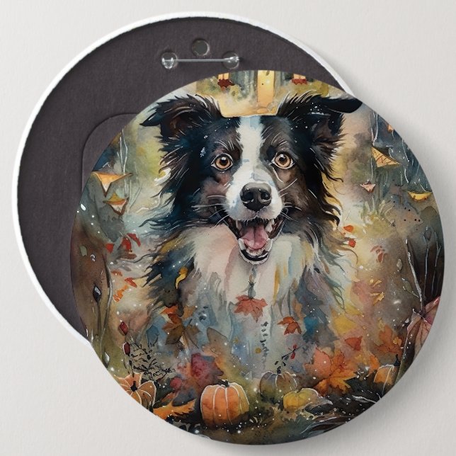 Chapa Redonda De 15 Cm Collie de la frontera de Halloween con calabazas a (Anverso y reverso)