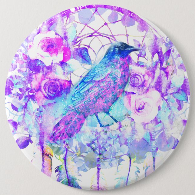 Chapa Redonda De 15 Cm Crow Dreamcatcher Blue Purple Floral (Anverso)