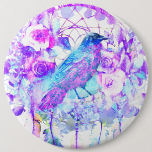 Chapa Redonda De 15 Cm Crow Dreamcatcher Blue Purple Floral