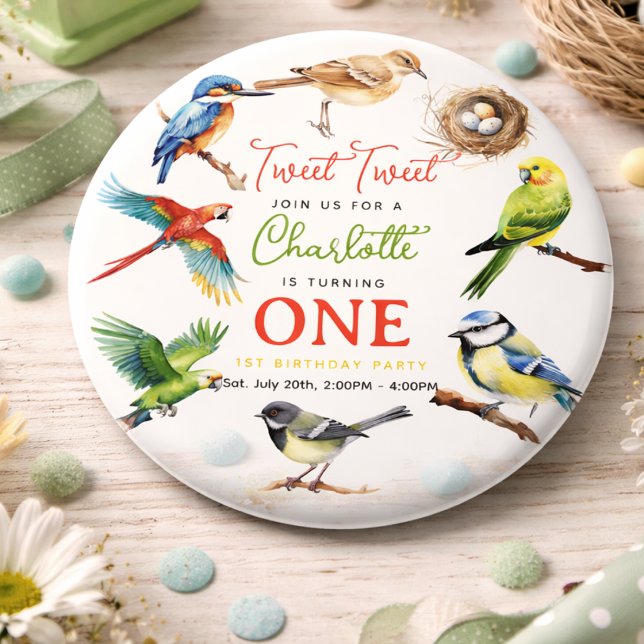 Chapa Redonda De 15 Cm Cumpleaños del primer pajarito (Cute Bird 1st Birthday Party button)