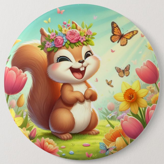 Chapa Redonda De 15 Cm Cura, ardilla de primavera feliz (Anverso)