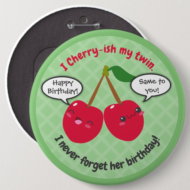 Chapa Redonda De 15 Cm Cute Red Cherry Kawaii Gemelos Cumpleaños (Anverso y reverso)