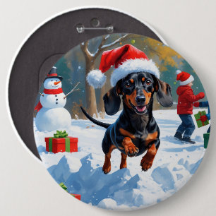 Chapa Redonda De 15 Cm Dachshund corriendo en la nieve con sombrero de Na