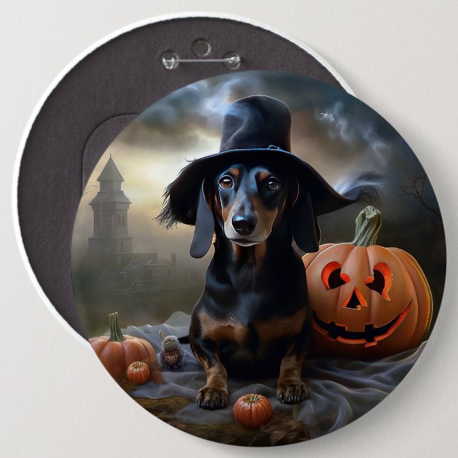 Chapa Redonda De 15 Cm Dachshund Halloween Scary (Anverso y reverso)