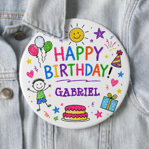 Chapa Redonda De 15 Cm Doodle Colorido Feliz Cumpleaños Nombre Personaliz