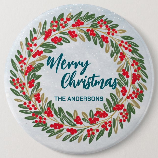 Chapa Redonda De 15 Cm Elegante Wreath Red Holly Berries Oro Feliz Navida (Anverso)