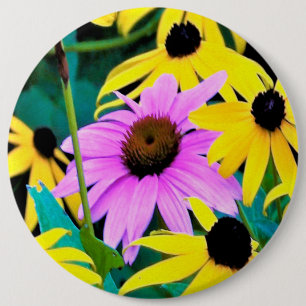 Chapa Redonda De 15 Cm Equinácea rosa y púrpura con flores amarillas