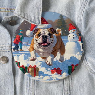 Chapa Redonda De 15 Cm Escena Navideña Festiva de Nieve con Bulldog