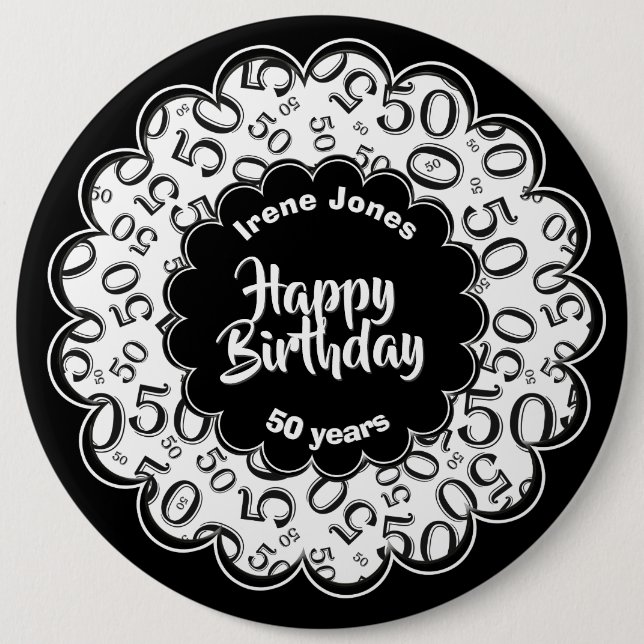 Chapa Redonda De 15 Cm Feliz cumpleaños, 50.o modelo negro/blanco del (Anverso)