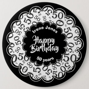 Chapa Redonda De 15 Cm Feliz cumpleaños, 50.o modelo negro/blanco del
