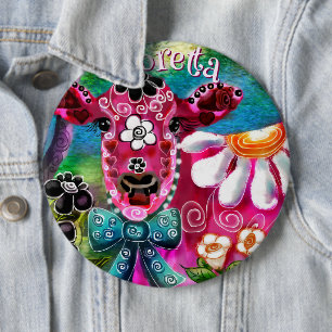 Chapa Redonda De 15 Cm Floral Caprichoso Vaca Rosa Teal Negro Personaliza