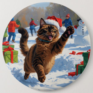 Chapa Redonda De 15 Cm Gato abisinio escena festiva de Navidad nevada