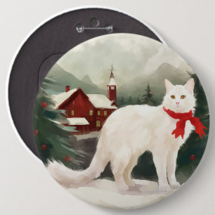 Chapa Redonda De 15 Cm Gato Angora Turco en Navidad con Nieve