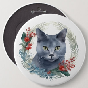 Chapa Redonda De 15 Cm Gato Azul Ruso Corona de Navidad Gatito Festivo