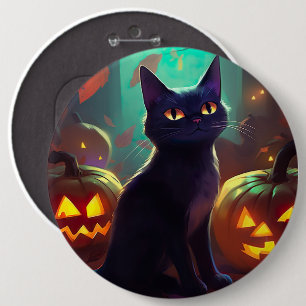 Chapa Redonda De 15 Cm Gato de Halloween Tuxedo con calabazas aterradoras