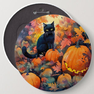 Chapa Redonda De 15 Cm Gato negro de Halloween con calabazas aterradoras