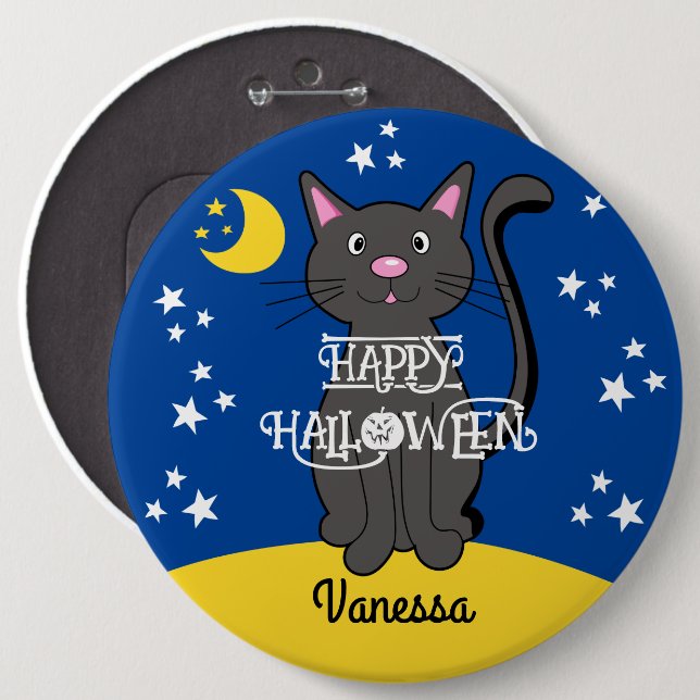 Chapa Redonda De 15 Cm Gato negro Halloween Estrellas Luna Niños adorable (Anverso y reverso)