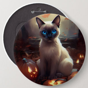 Chapa Redonda De 15 Cm Gato siamés de Halloween con calabazas aterradoras