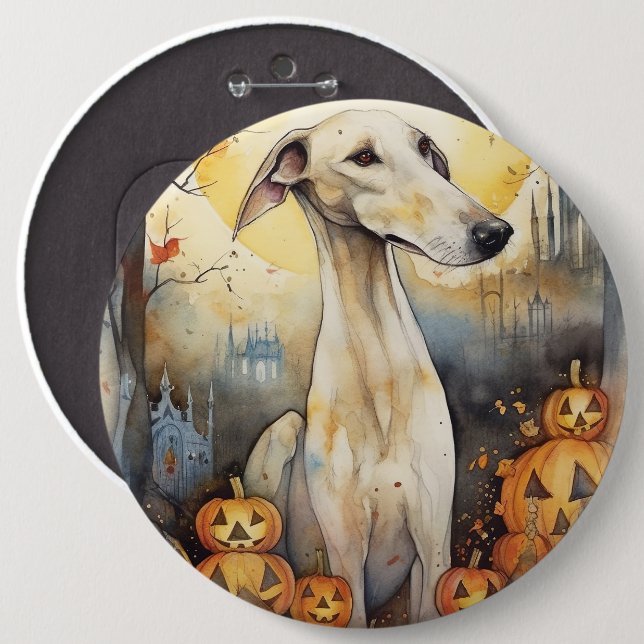 Chapa Redonda De 15 Cm Greyhound de Halloween con calabazas asustadas (Anverso y reverso)
