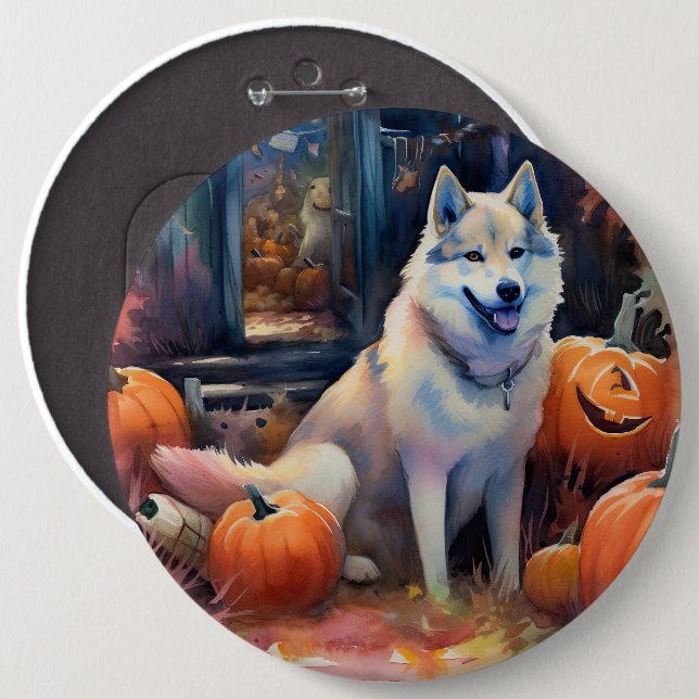 Chapa Redonda De 15 Cm Halloween Alaskan Malamute con calabazas aterrador (Anverso y reverso)
