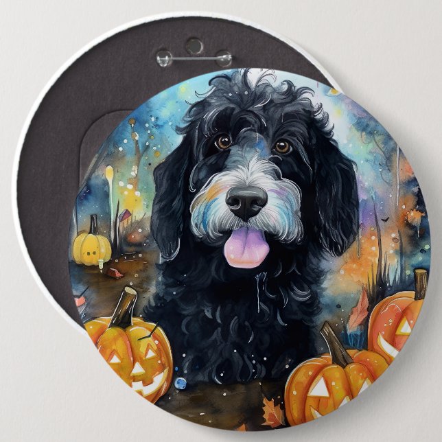 Chapa Redonda De 15 Cm Halloween Bernedoodle Con Calabazas Asustadas (Anverso y reverso)