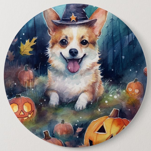 Chapa Redonda De 15 Cm Halloween Corgi con calabazas aterradoras (Anverso)