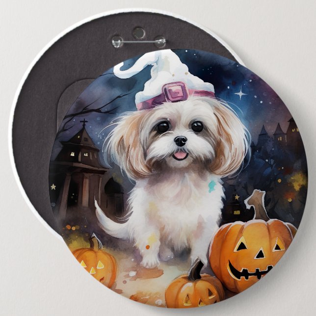 Chapa Redonda De 15 Cm Halloween Malti Tzu con calabazas aterradoras (Anverso y reverso)