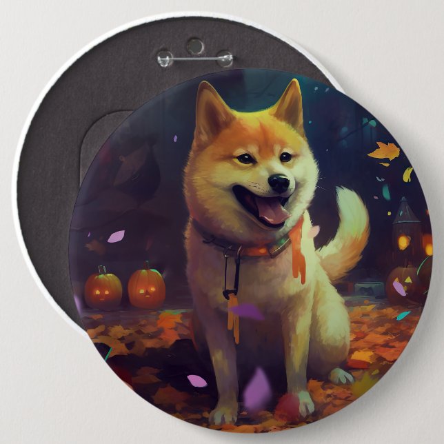 Chapa Redonda De 15 Cm Halloween Shiba Inu con calabazas aterradoras (Anverso y reverso)