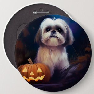 Chapa Redonda De 15 Cm Halloween Shih Tzu con calabazas aterradoras