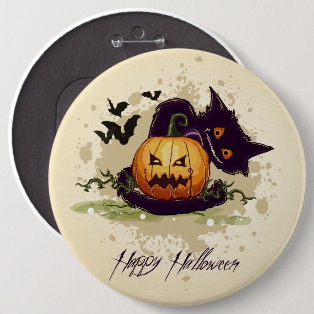 Chapa Redonda De 15 Cm Happy Halloween Black Cat and Jack Button (Anverso y reverso)