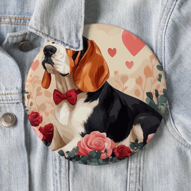 Chapa Redonda De 15 Cm Hound Basset con Rosas - El día de San Valentín (In situ)